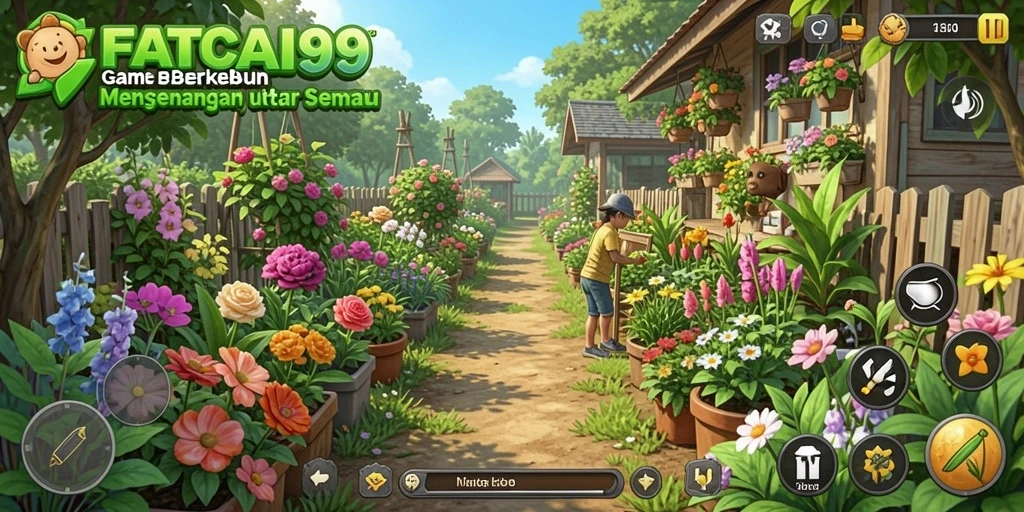 Tampilan gameplay <strong>FATCAI99</strong> menunjukkan ladang yang subur dan hewan ternak yang bahagia.