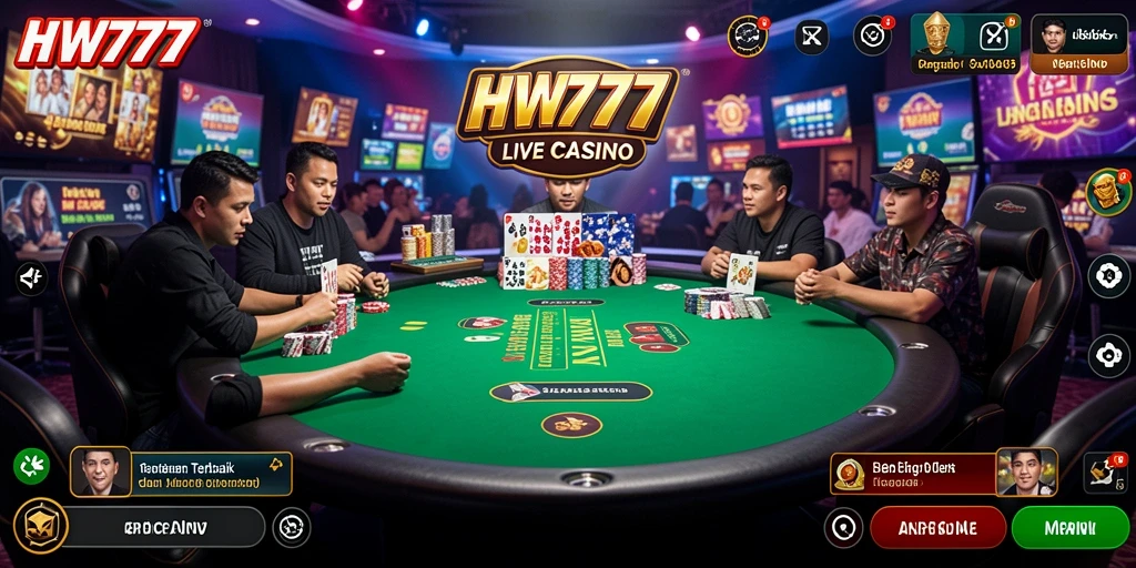 Screenshot HW777 menampilkan dealer langsung dan pengalaman permainan yang imersif.