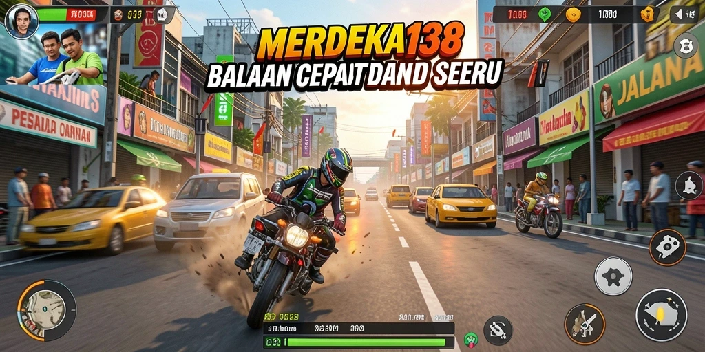 Tampilan gameplay balapan yang seru di MERDEKA138 dengan mobil balap cepat.