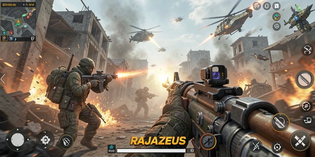 Gameplay RAJAZEUS yang intens dan mendebarkan saat perang berlangsung.