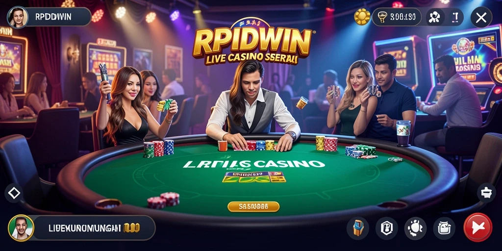 Screenshot RPIDWIN menampilkan dealer dan pemain dalam sesi Live Casino yang seru.