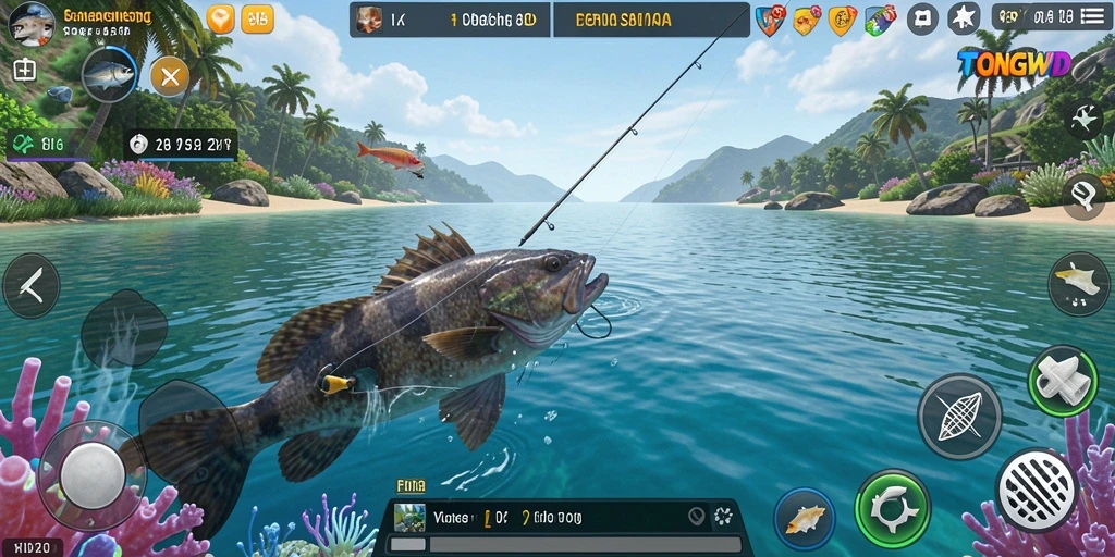 Tampilan gameplay menarik saat menangkap ikan di TONGWD.